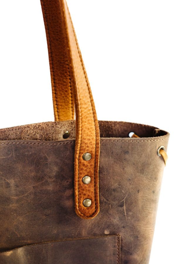 A close up of the handle on a brown bag