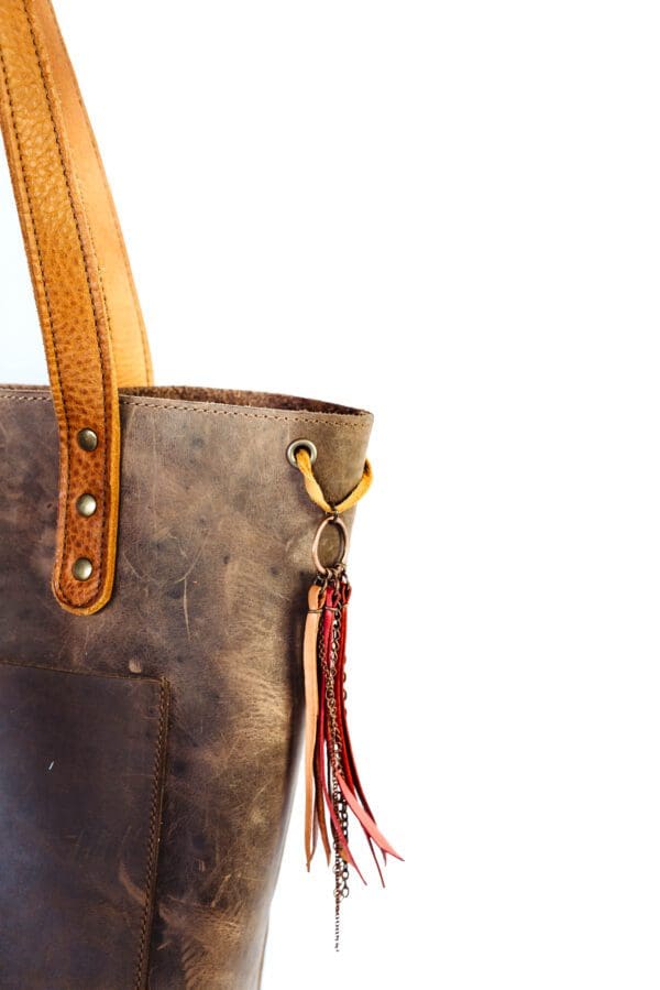 A close up of the handle on a brown leather bag