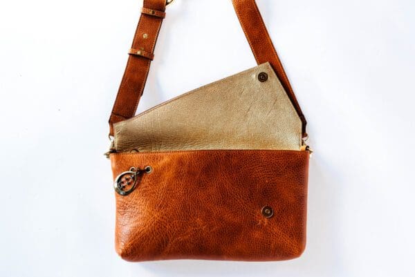 A brown leather purse with a tan flap.