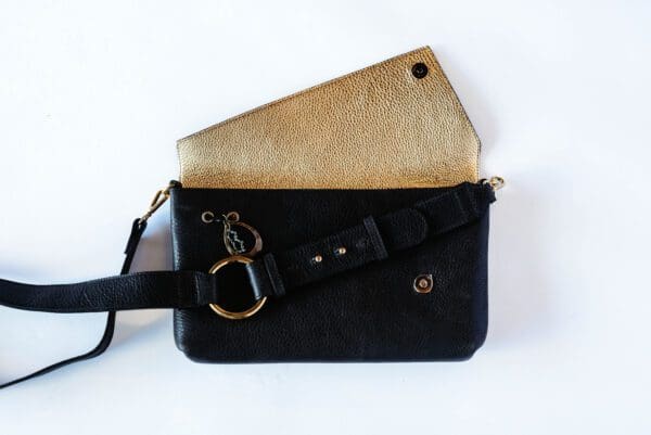 A black purse with a gold strap and a brown wallet.