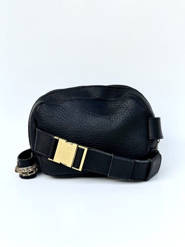 A black purse with a gold buckle on the side.