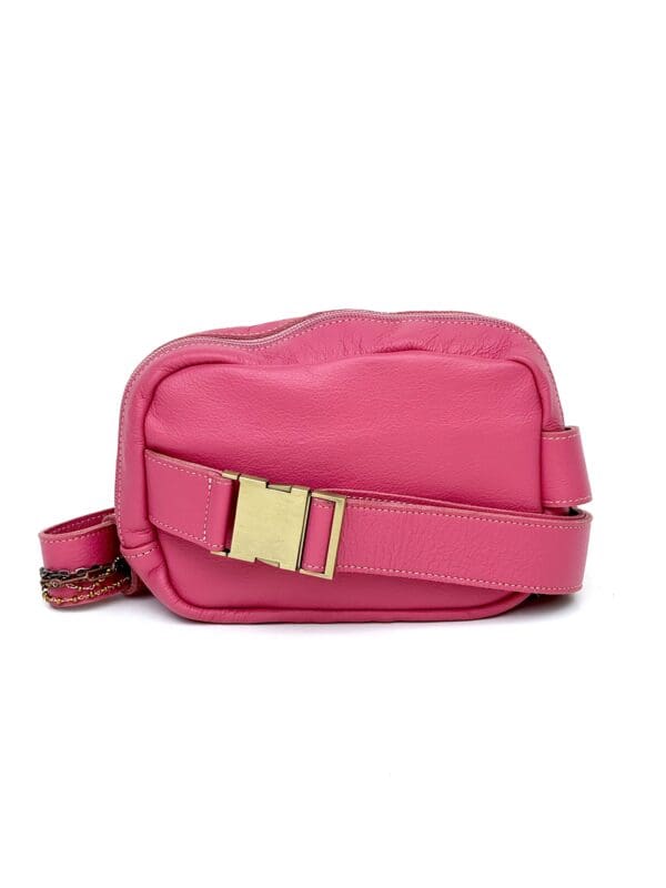 A pink bag with a strap on it