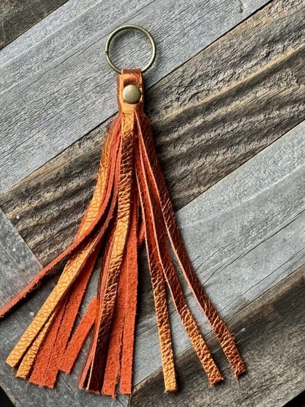 A close up of a key chain with tassels