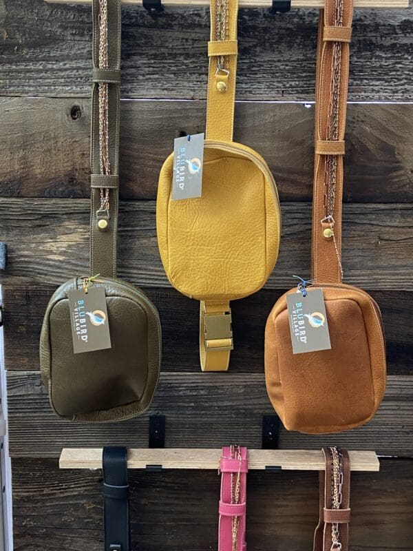 Three bags hanging on a wall in different colors.