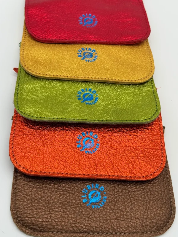 A group of five different colored glasses cases.